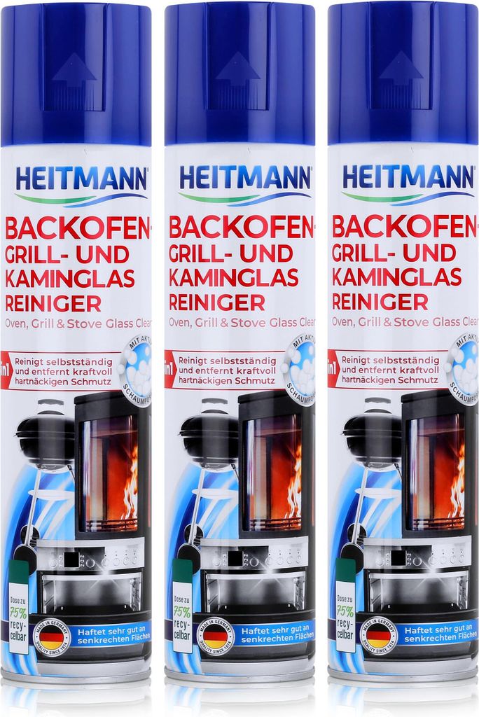 Three cans of Heitmann Backofen-Grill und Kaminglas Reiniger are displayed side-by-side against a white background.