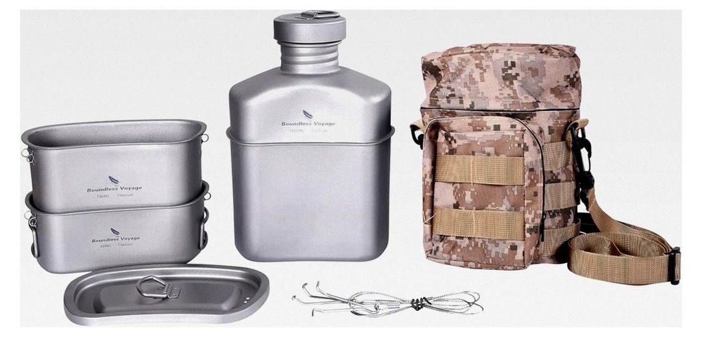 Titanium Militärkanister mit Tarnbeuteln Niereförmiges Camping Kochgeschirr Set mit großer Kapazität und Deckel sowie hängender Kette