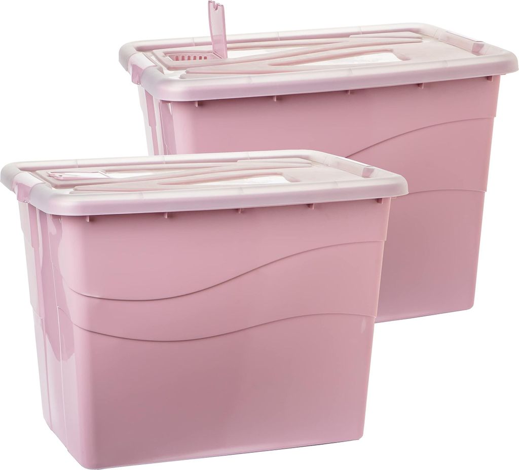 Große Aufbewahrungsboxen mit Deckel, 80L, stapelbar, Rollen, rosa, 2er-Set