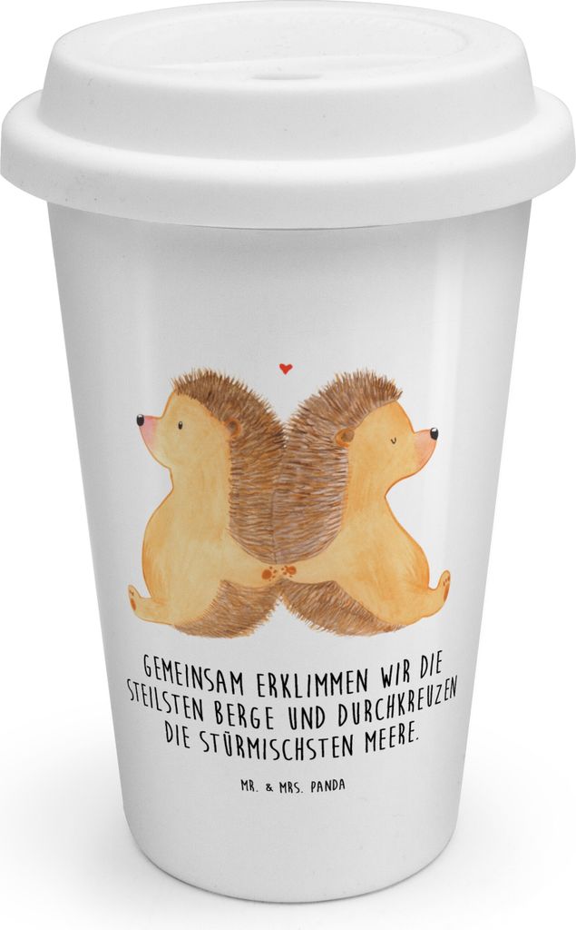 Mr. & Mrs. Panda Coffee To Go Becher Igel händchenhaltend - Weiß - Geschenk, keramik kaffeebecher, Lieblingsmensch, Isolierbecher, Liebesgeschenk...