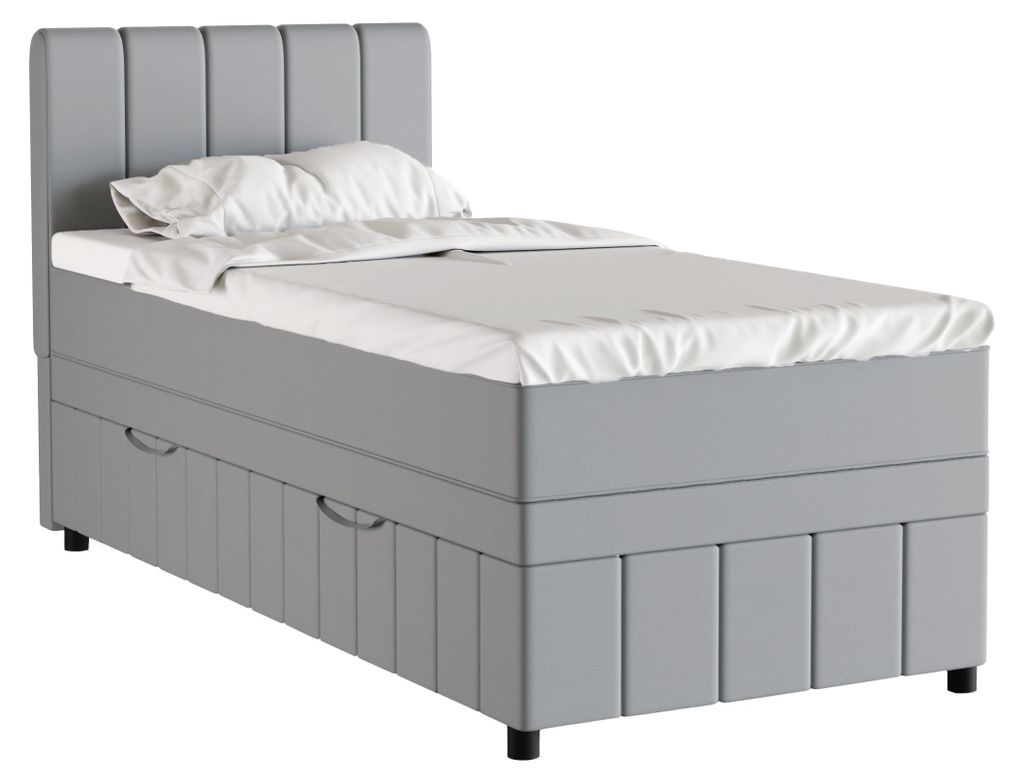 Boxspringbett Einzelbett 90x200, Hellgrau, AVALON, mit Bettkästen, mit Matratze, mit Topper, Panda Möbel