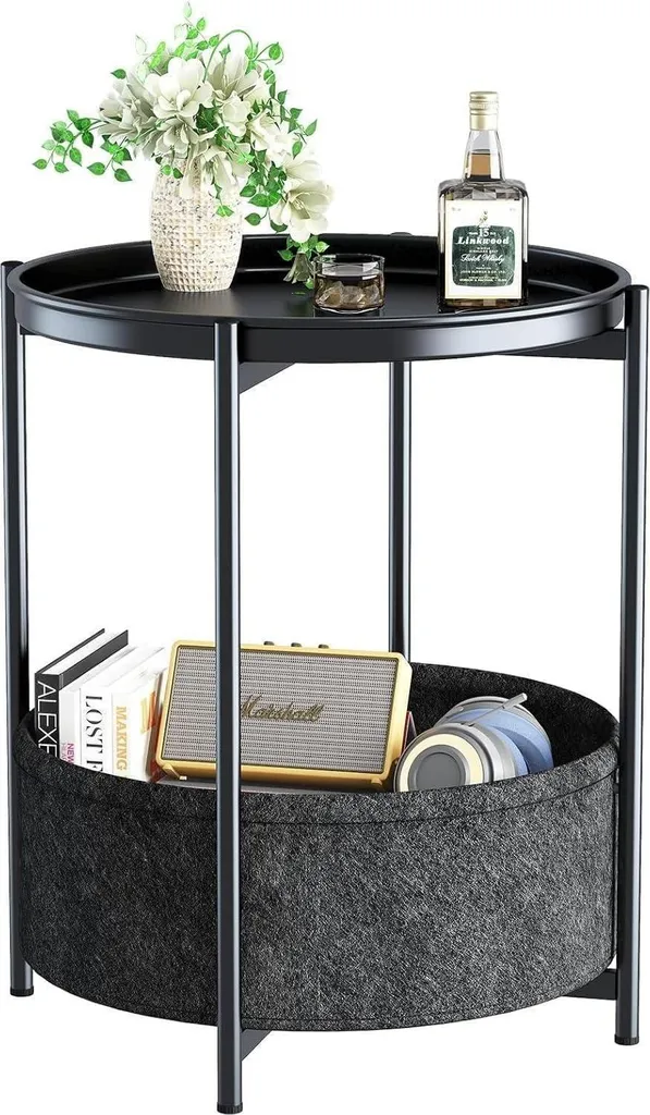 Bout de canapé rond avec panier tissu - Table multifonctionnelle moderne