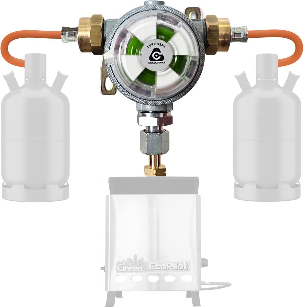 A gas regulator system with two gas canisters and a stove.