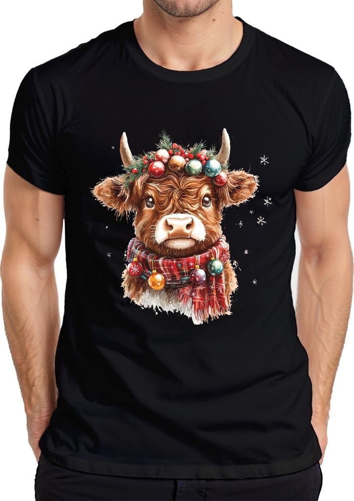 Highland Kuh Weihnachtskranz Weihnachtskugeln Schal Schneeflocken Herren T-Shirt, Schwarz, L