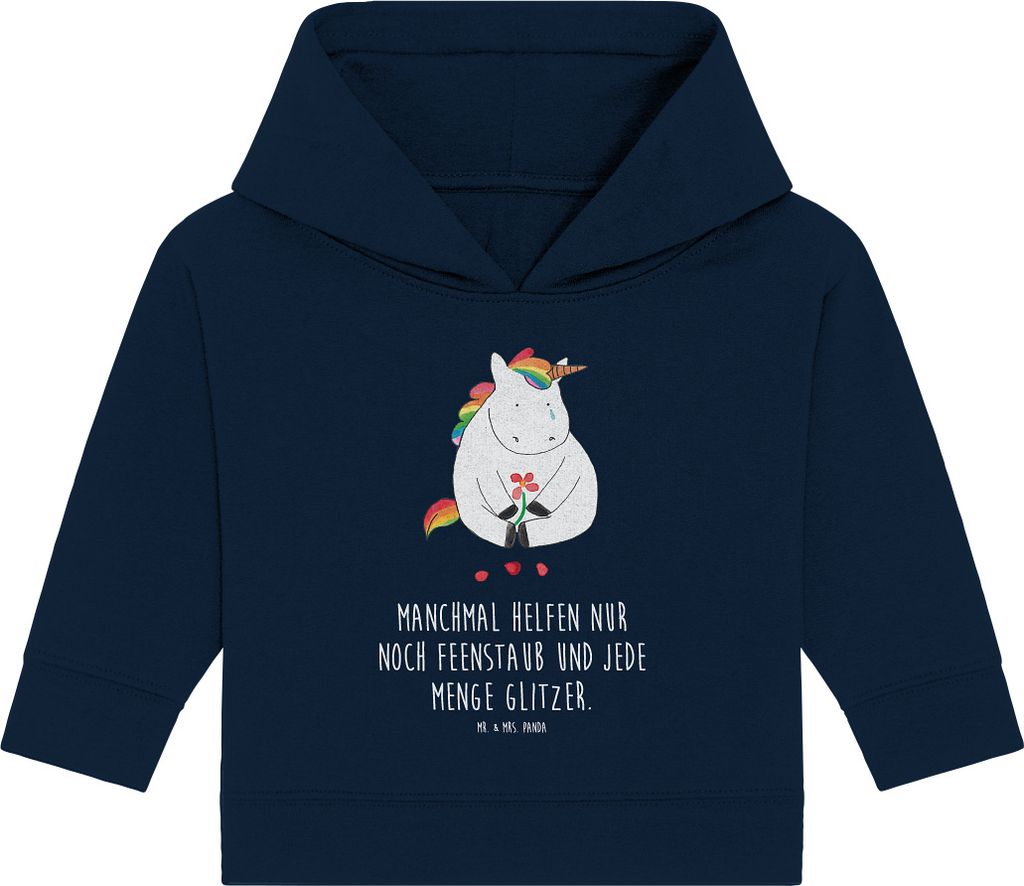 Mr. & Mrs. Panda Organic Baby Hoodie Einhorn Traurig 24. - 36. Monat - French Navy - Geschenk, Freunde, Blume, Kapuzensweatshirt, Liebe, Trauer, Ka...