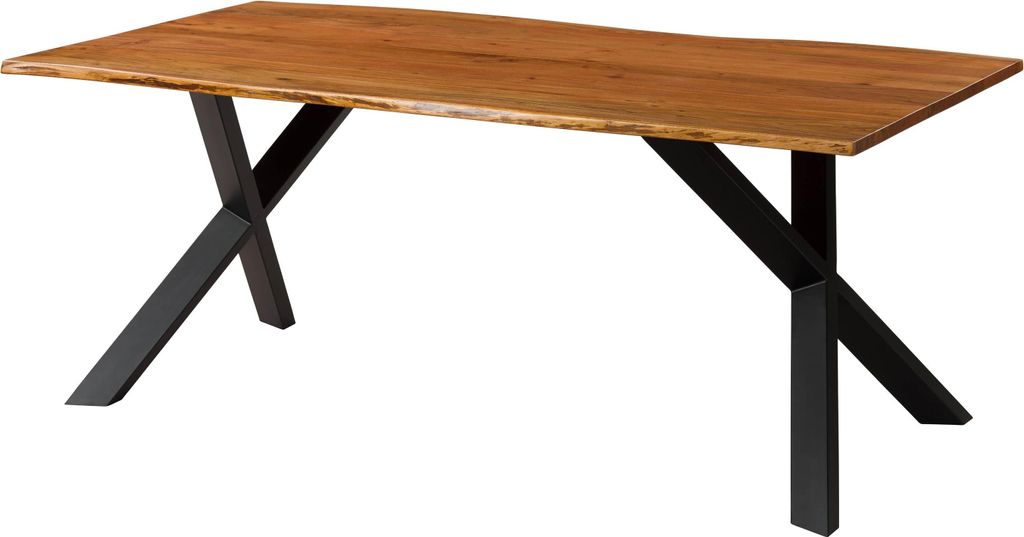 MASSIVMOEBEL24 Baumtisch Akazie 220x100x75 natur lackiert / ausgestellte X-Beine anthrazit matt FREEFORM 3