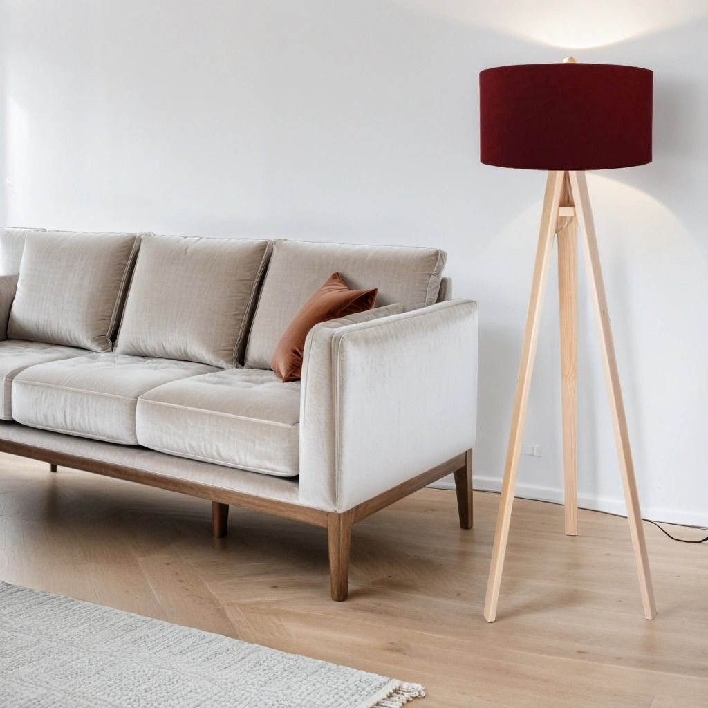 Stehleuchte Dreibein Holz Stoff 140 cm klein Bordeaux Rot Silber E27 Stehlampe Wohnzimmer