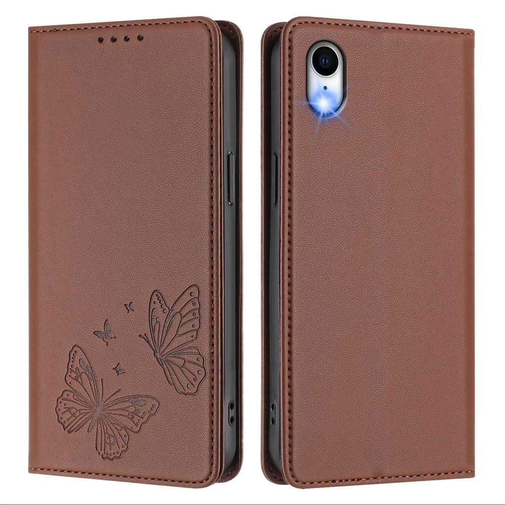 Lederhülle für iPhone XR, Schmetterling Prägung Leder Brieftasche Schutzhülle mit Ständer Braun