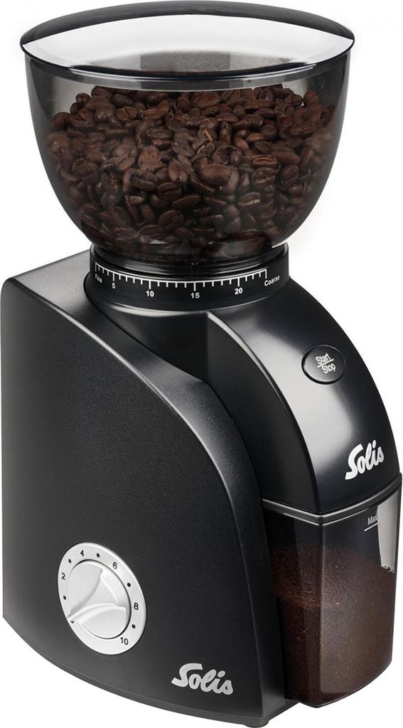 A black electric coffee grinder with a clear hopper filled with coffee beans.