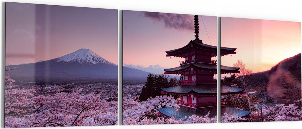 DEQORI Glasbilder Acryl 3x50x50 cm 'Kirschblüten Tempel Japan' Wandbilder XXL groß