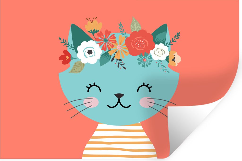 MuchoWow Wandtattoo Wandsticker Wandaufkleber Katze - Blumen - Rosa 90x60 cm Selbstklebend und Repositionierbar - Aufkleber