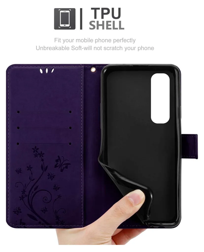 Cadorabo cover per Xiaomi Mi NOTE 10 LITE in FLORAL DARK LILA cover protettiva in design floreale con chiusura magnetica, funzione stand e slot per carte di credito flip case flower cover custodia per cellulare flap cover book case - 5