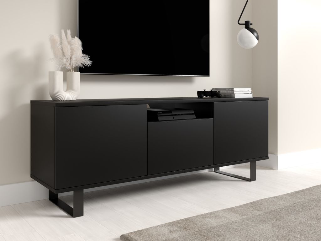 TV-Schrank 150 cm, Fernsehtisch, Lowboard, Mattschwarz, schwarze Metallfüße, Modernes Design, "Masimo"