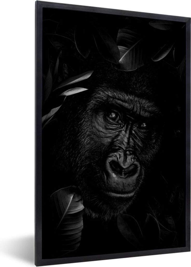 MuchoWow Gerahmtes Poster Botanischer Affe vor dunklem Hintergrund - schwarz und weiß 40x60 cm - Poster mit Schwarzem Bilderrahmen Wandposter Ra...