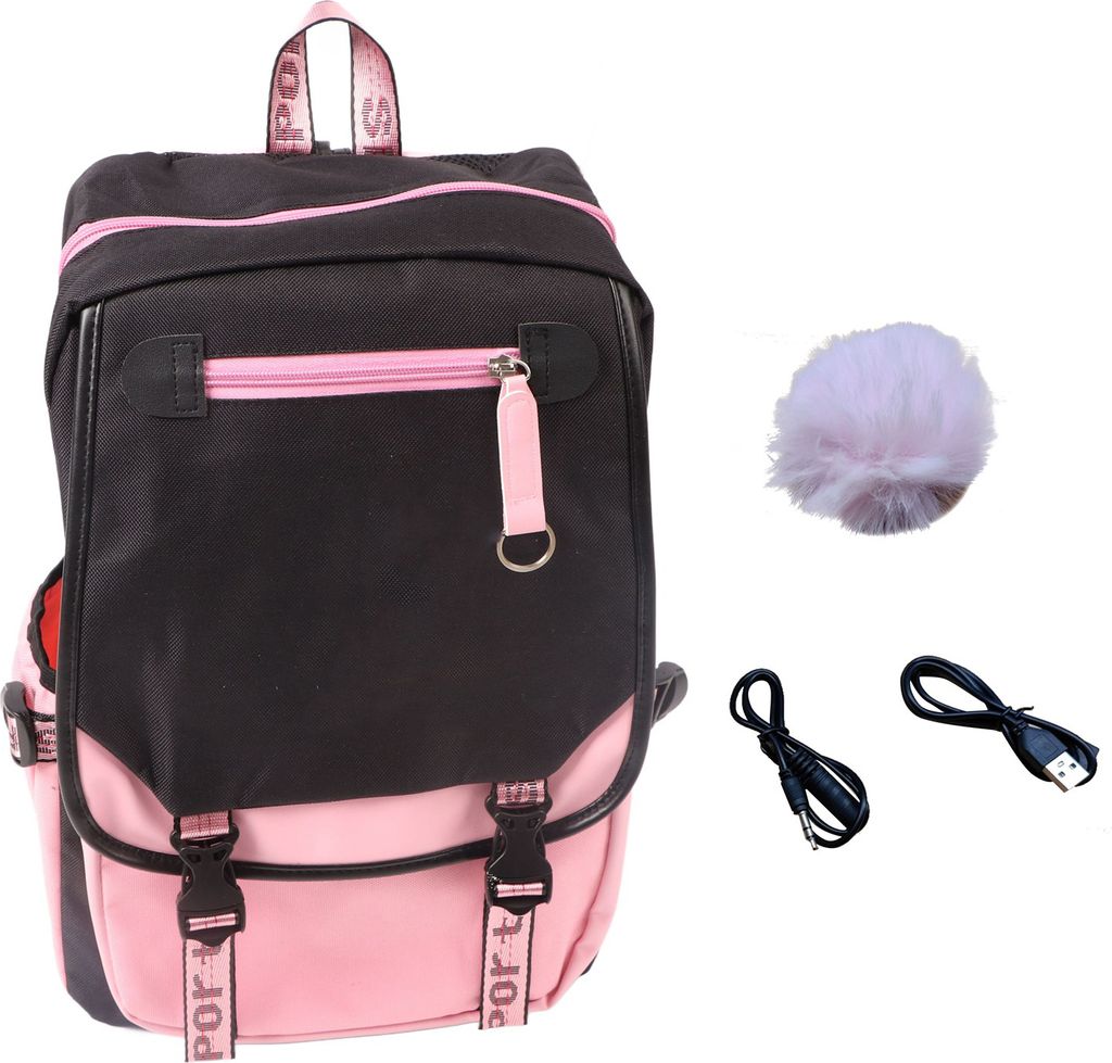 Reiserucksack mit USB-Anschluss und Audiobuchse, lässiger Rucksack mit zwei Schultergurten, bequem für Studenten und Reisende – schwarz-rosa