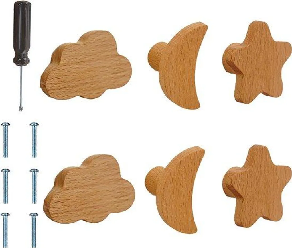 Boutons de tiroir enfant bois coloré 6 pièces formes étoiles nuages