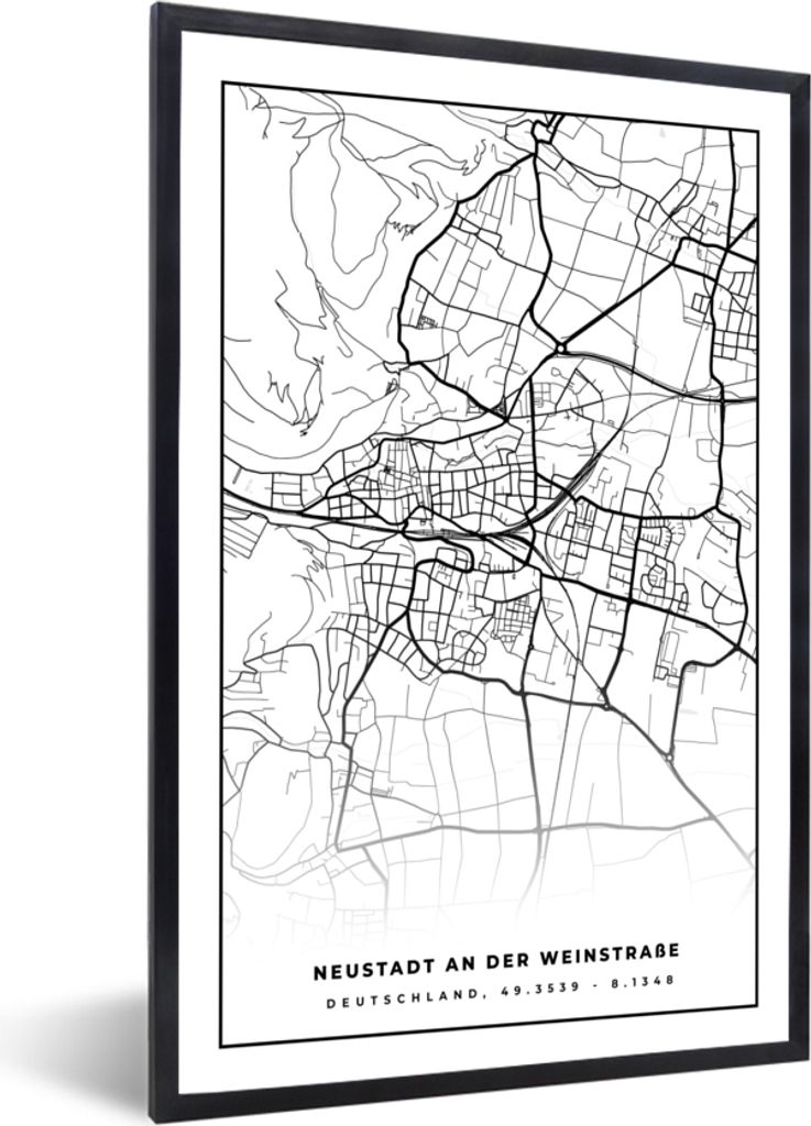 MuchoWow Gerahmtes Poster Neustadt an der Weinstraße - Stadtplan - Karte 60x90 cm - Poster mit Schwarzem Bilderrahmen Wandposter Rahmen Foto Bil...