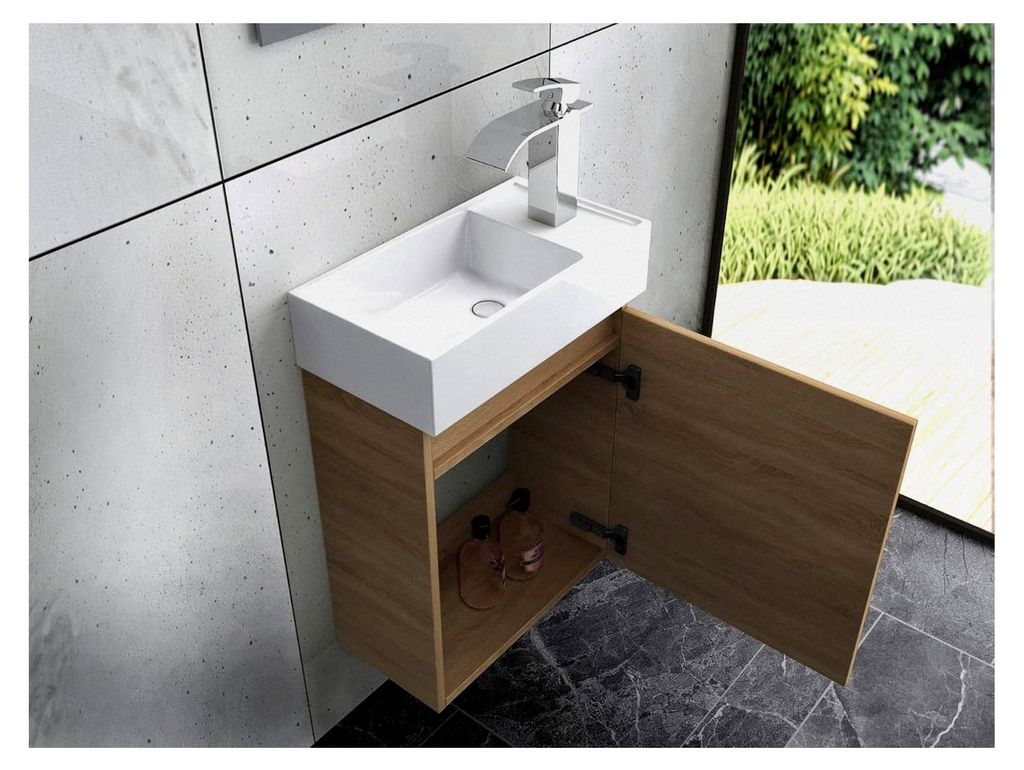 Waschbeckenunterschrank Eiche mit Keramik Waschbecken – Kompakter Badschrank für kleine Bäder und Gäste-WC – Ohne Spiegel und Armatur