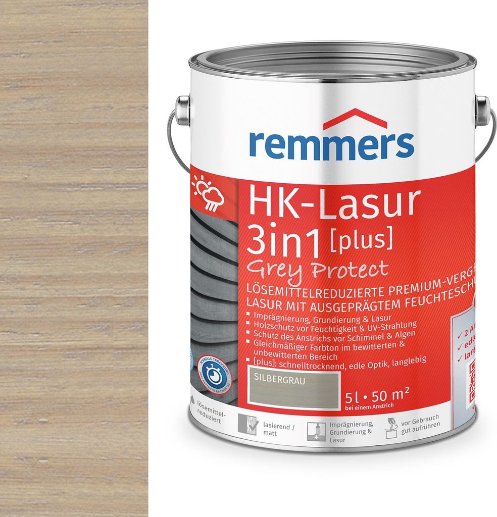 Remmers HK-Lasur 3in1 (plus) 5 L Eimer Silbergrau RC-970 Immagine del prodotto 