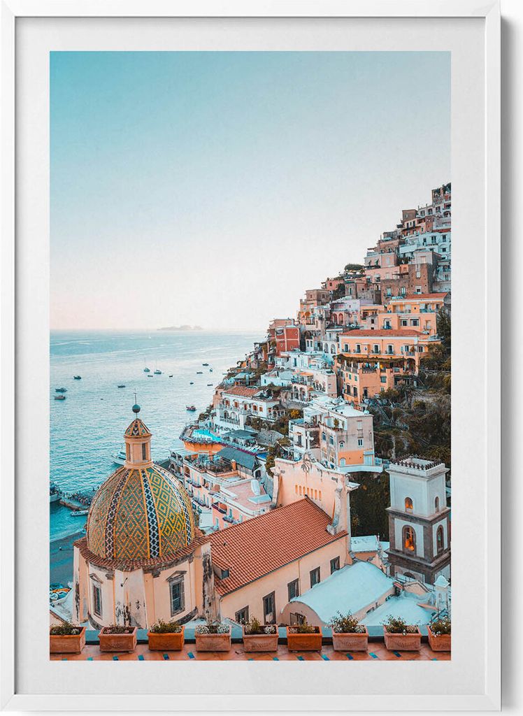 Positano Amalfiküste Italien– Wandbild mit Rahmen – Gerahmtes Bild – Wanddekoration – 70x100 cm – Weiß Rahmen