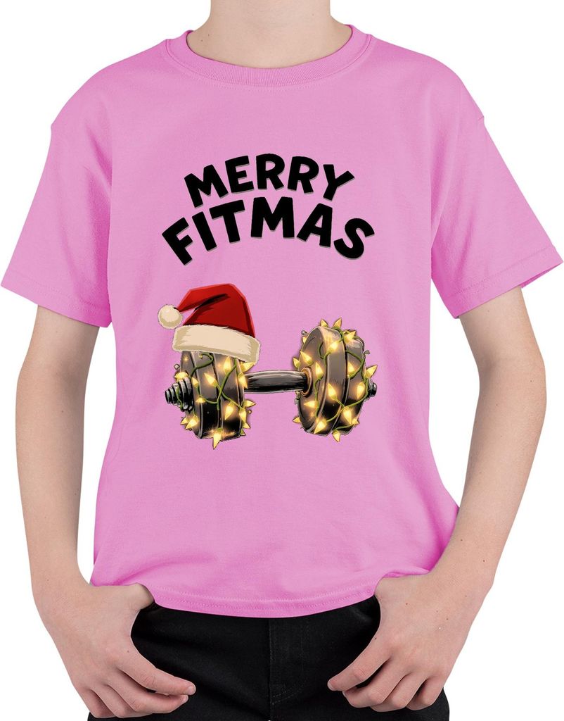 Merry Fitmas Fitness Hantel Weihnachten Geschenk Lustig Uni Kinder T-Shirt, Pink, 128