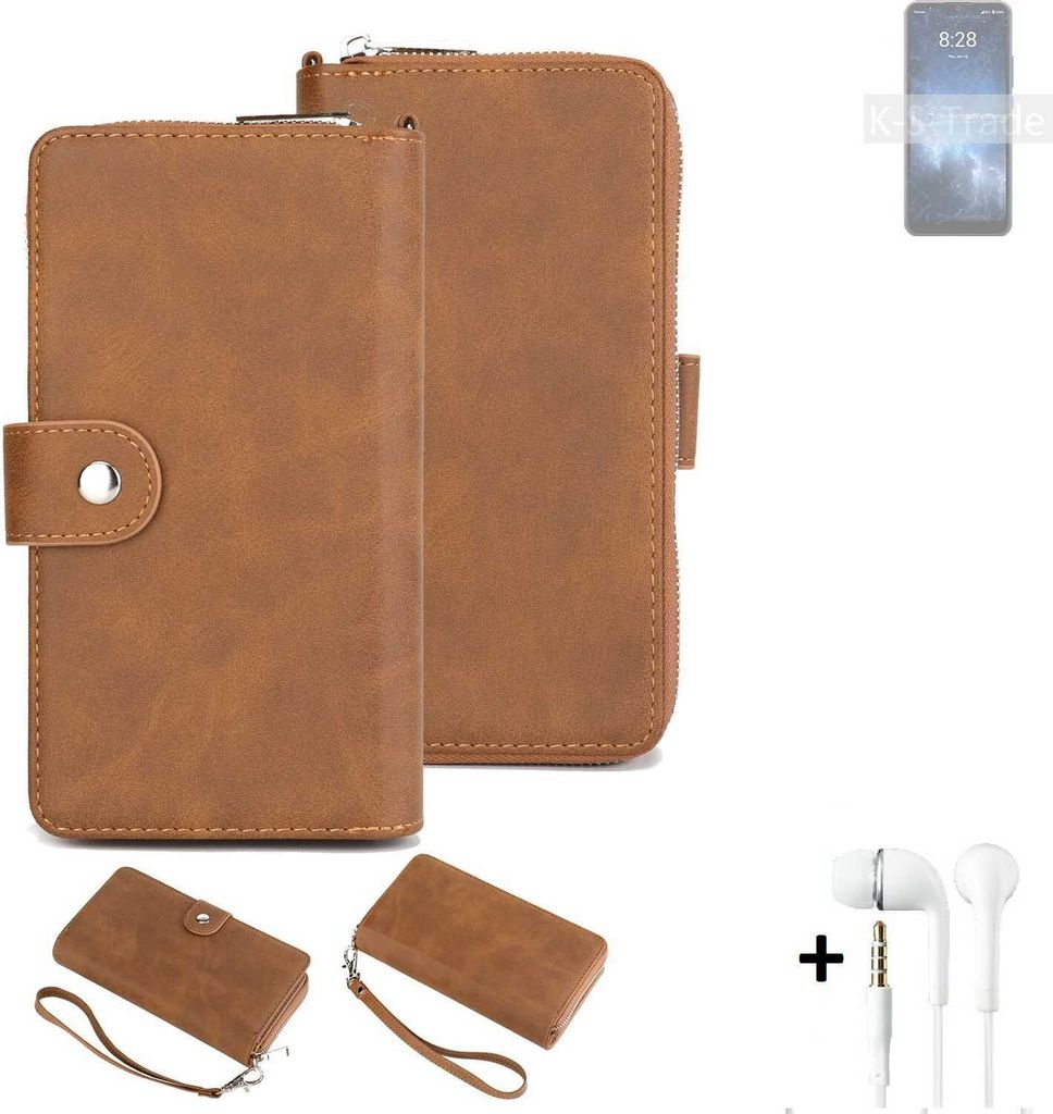 K-S-Trade Handy Schutz Hülle kompatibel mit Sharp Rouvo V + Kopfhörer Portemonnee Tasche Wallet-Case Bookstyle-Etui braun (1x)