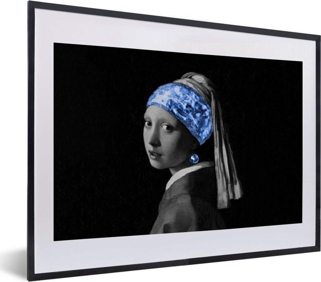 MuchoWow Gerahmtes Poster Das Mädchen mit dem Perlenohrring - Vermeer - Blau 40x30 cm - Poster mit Schwarzem Bilderrahmen Wandposter Rahmen Foto...