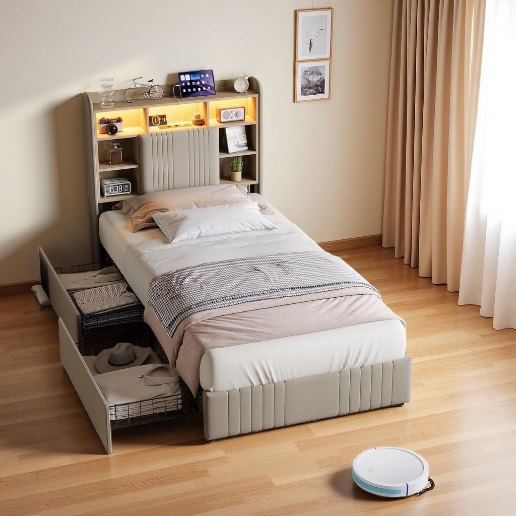 ProximaX Polsterbett 90x200cm mit USB und Type-c, Bett mit Lattenrost und 2 Schubladen, Einzelbett mit Led, Jugendbett Stauraumbett Leinen, Grau