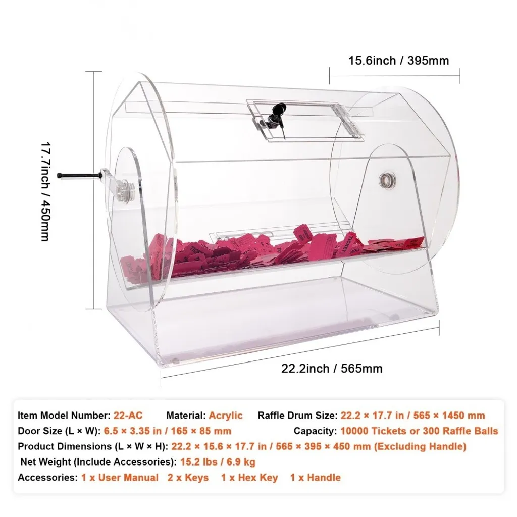 Cage de tombola rotative professionnelle transparente avec clés