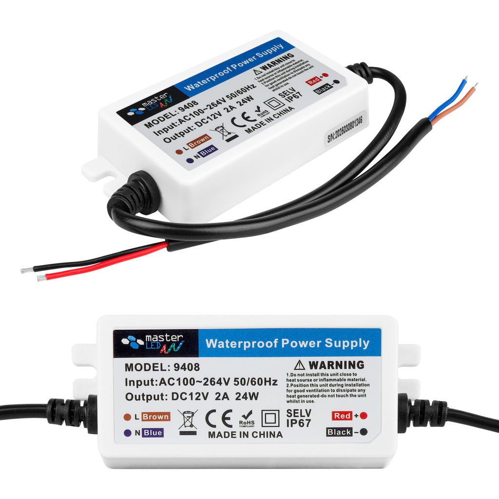 MasterLED LED Trafo Mini 12V DC 24W 2A Ultra Kompaktes Wasserdichtes Schaltnetzteil IP67 für LED Streifen Außenbereich