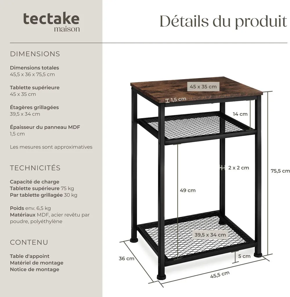 Table d'appoint YORK gain de place - Solution rangement bois foncé rustique