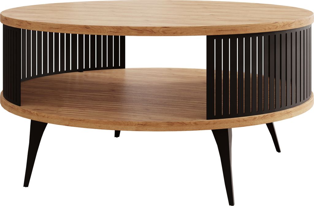 A round, two-tiered coffee table with a wooden top and shelf, supported by black metal legs and a slatted black metal surround.