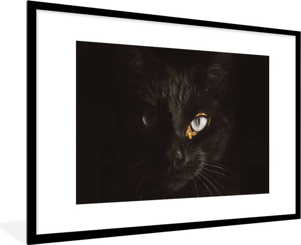 MuchoWow Gerahmtes Poster Katze - Gold - Schwarz 90x60 cm - Poster mit Schwarzem Bilderrahmen Wandposter Rahmen Foto Bilder - Wanddekoration - Fotos