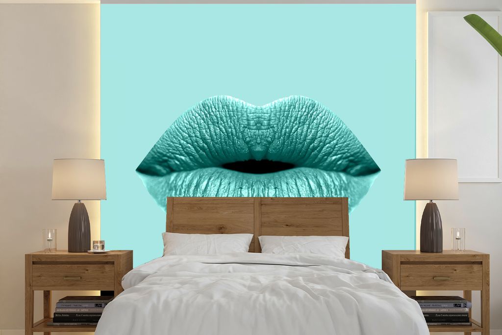 MuchoWow Fototapete für Wohnzimmer oder Schlafzimmer Wandtapete Vinyl Motivtapete Lippen - Pastell - Blau - 260x260 cm - Papiertapeten