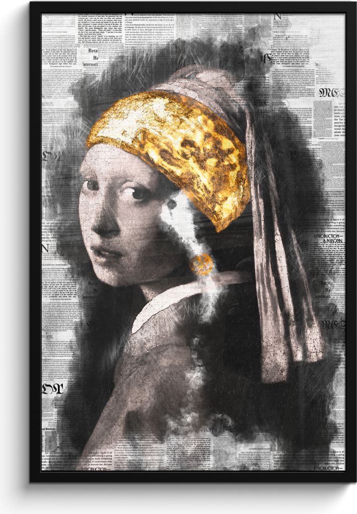 MuchoWow MuchoWow Gerahmtes Poster Mädchen mit Perlenohrring - Johannes Vermeer - Zeitungsartikel - Gold 60x90 cm - Poster mit zchwarzem Bilde...