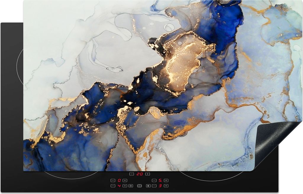 KitchenYeah Herdabdeckplatte Marmor - Blau - Gold , 83x51cm, Küche Deko, Glaskeramikkochfeld Herdabdeckung, Abdeckplatte fùr Kochfeld