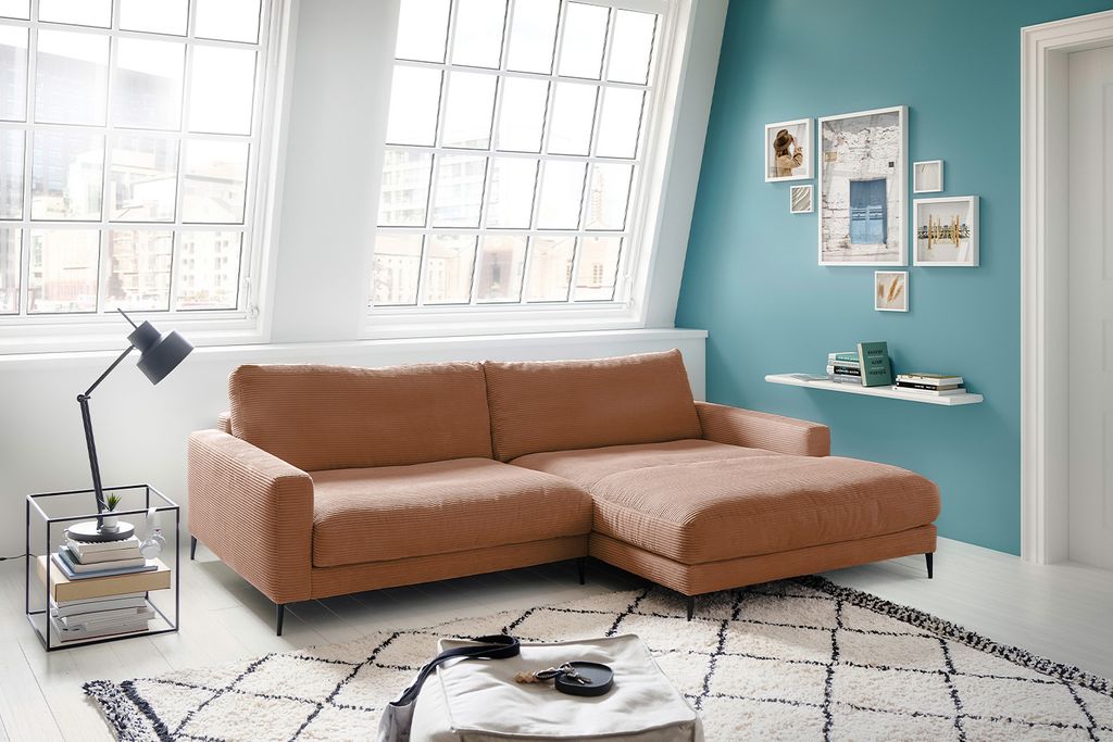 KAWOLA Ecksofa CARA Sofa Recamiere rechts Cord rost