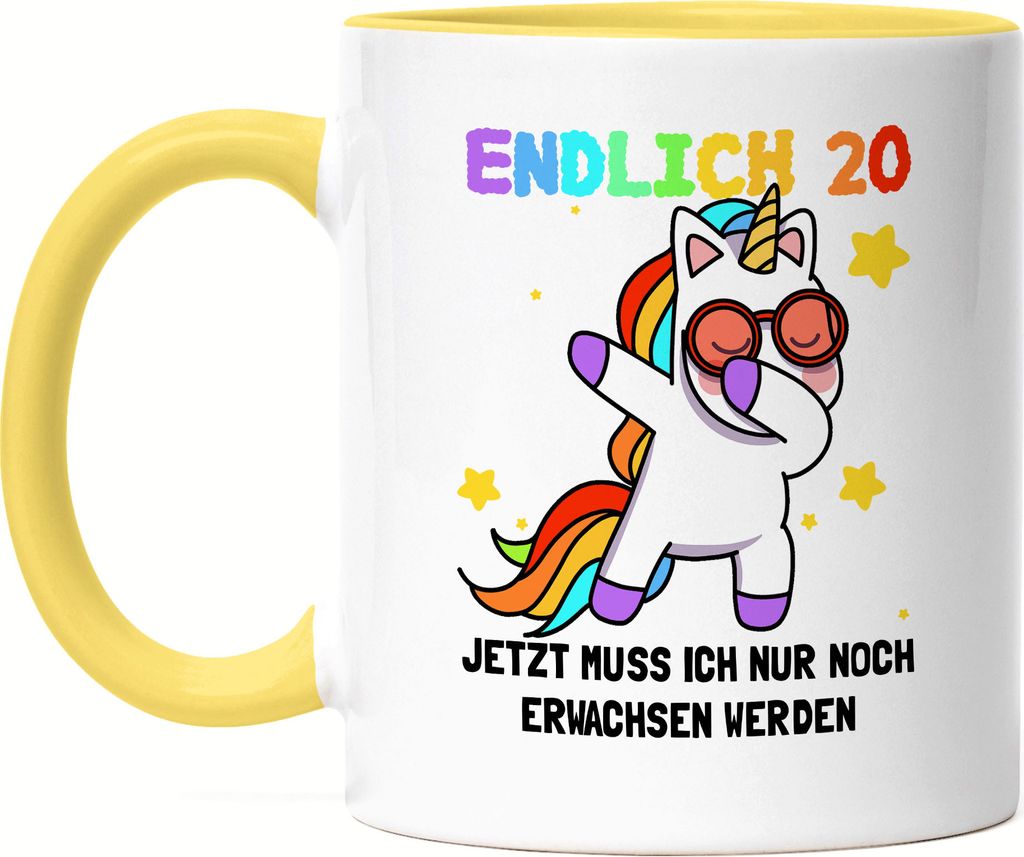 Endlich 20 Tasse Gelb Geburtstag Einhorn Lustig Spruch Produktbild 