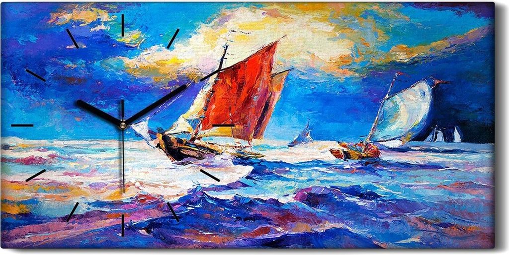 Wohnzimmer-Bild Leinwand Uhr 60x30 Segeln Meereswellen Ozean und Boote - schwarze Hände