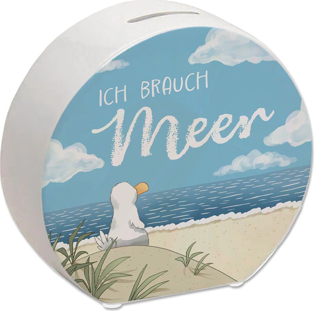 Möwe am Strand Spardose mit Spruch Ich brauch Meer Produktbild 