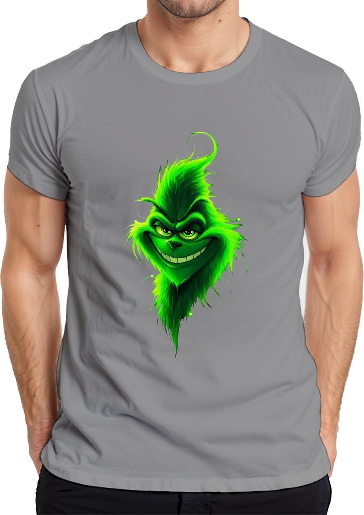 Grinch grinsendes Gesicht Weihnachten grün frech düster Herren T-Shirt, Grau, M