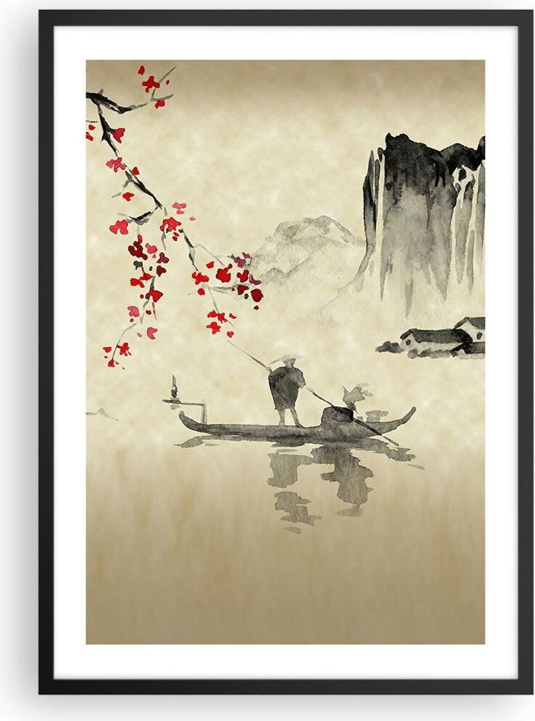 Gerahmtes Poster - Schwarzer Rahmen - Blume Kirschen Japan - 50x70 cm - Wand Bild - Wanddeko - Wandbilder - Kunstposter - Wandposter - Bilderrahmen...