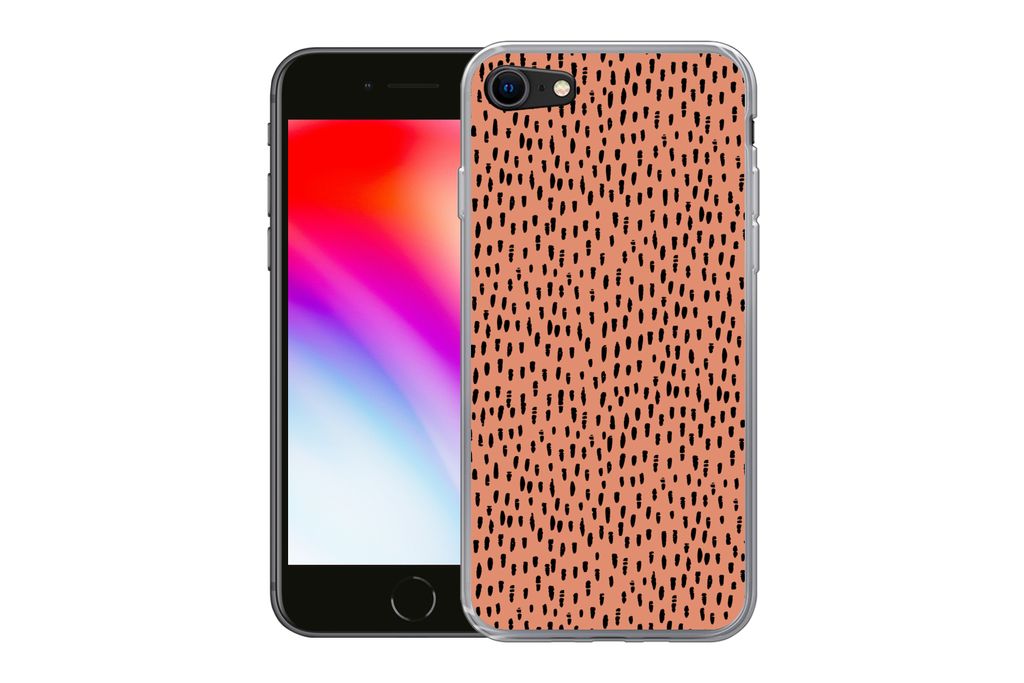 MuchoWow Handyhülle Schutzhülle Hülle für iPhone SE 2022 Polka dots - Schwarz - Orange Silikon Softcase Handy Hülle - Schutzhülle