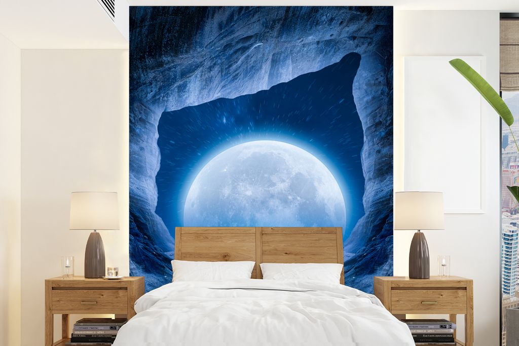 MuchoWow Fototapete für Wohnzimmer oder Schlafzimmer Wandtapete Vinyl Motivtapete Höhle - Mond - Weltraum - Universum - Blau - 160x220 cm - Bil...