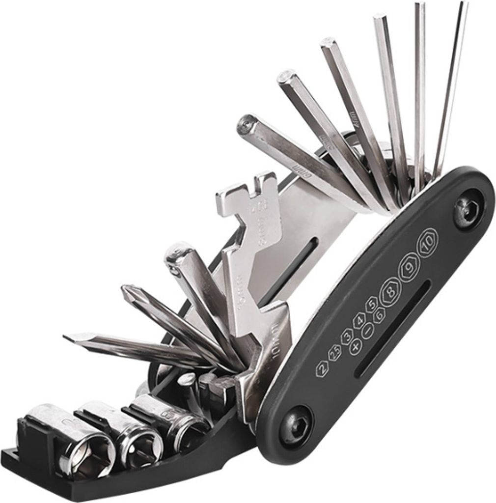 Fahrradreparatursätze, 16-in-1-Fahrrad-Multitool mit Reifenhebern, Sechskant-Speichenschlüssel, faltbares multifunktionales Zubehörset für Renn...