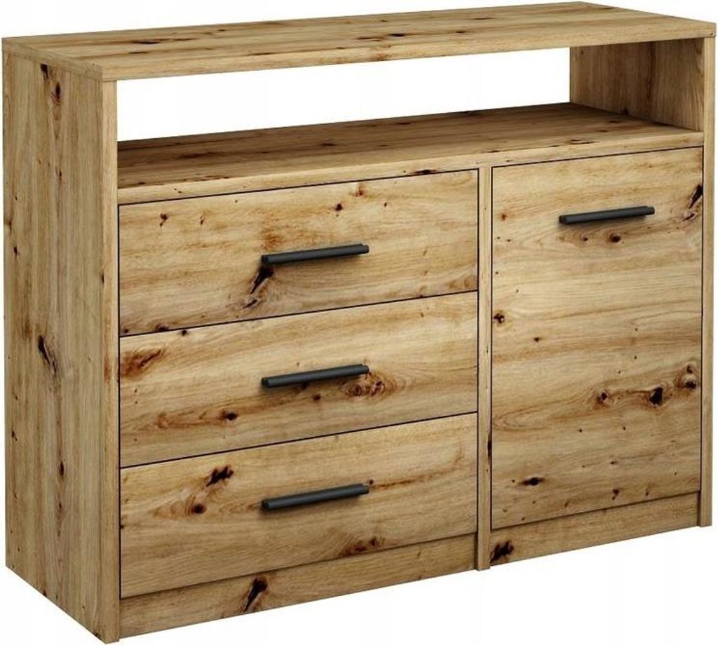 A wooden dresser with three drawers and a cabinet door.