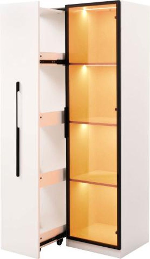 Multifunktionsschrank Weiss 70x40x160cm Buecherregal Vitrine Glas Aluminium 1 Tuer 1 Seitliche Schublade Rollen LED-Beleuchtung Esszimmerschrank