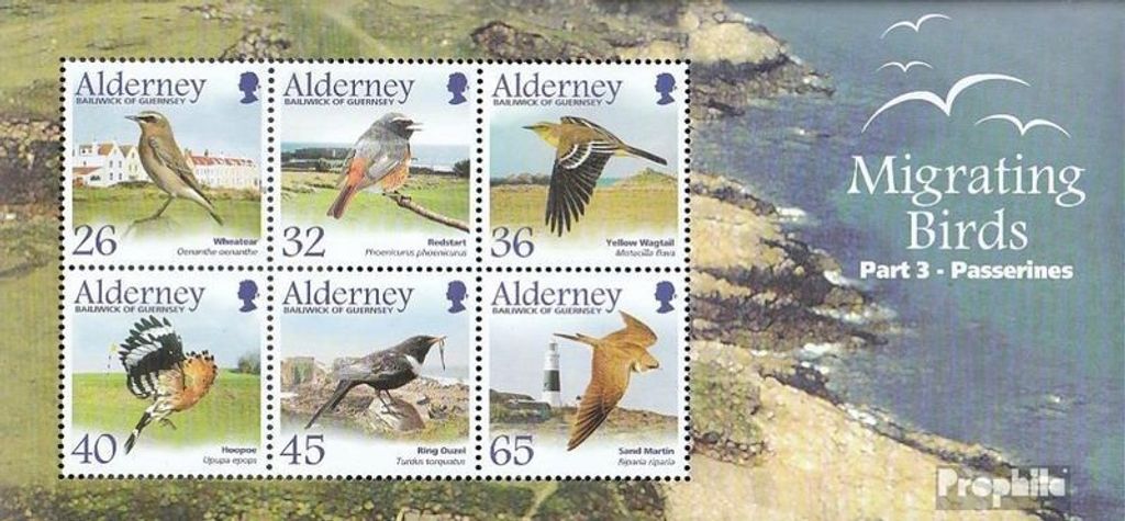 Briefmarken GB - Alderney 2004 Mi Block15 (kompl.Ausg.) postfrisch Zugvögel: Sperlingsvögel