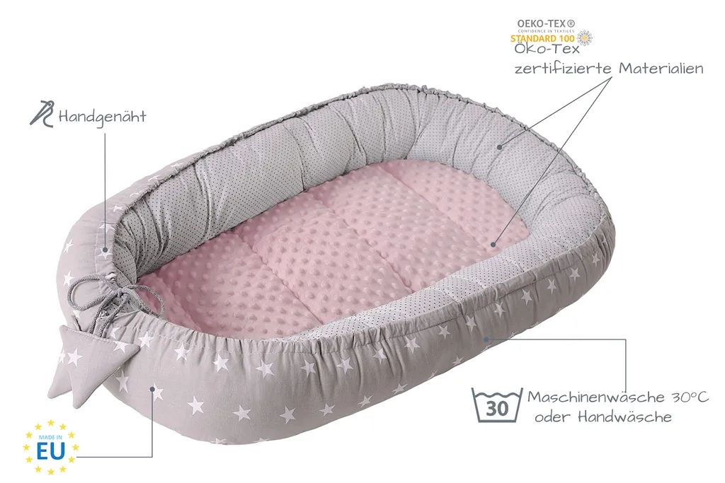 Cocon pour bébé idéal cododo 100x60 cm gris et rose en coton doux - 6
