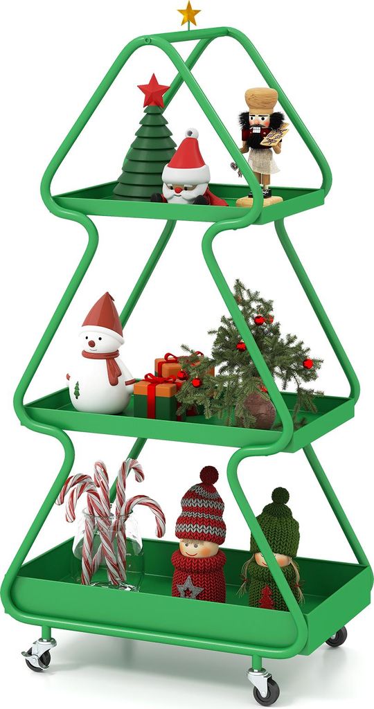 COSTWAY 3-stufiger Servierwagen, Rollwagen in Weihnachtsbaum-from, Küchenwagen mit Stern & Rollen, Küchenregal für Weihnachten 50x31,5x102cm Grün